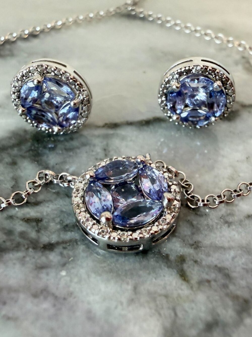 NIB Sterling Silver Tanzanite and White Zircon Necklace and Earring Set
